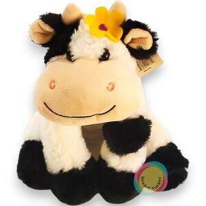 New Unipak Plush Cow 12" Sitting Black White Holding Yellow Flower Tag 2015